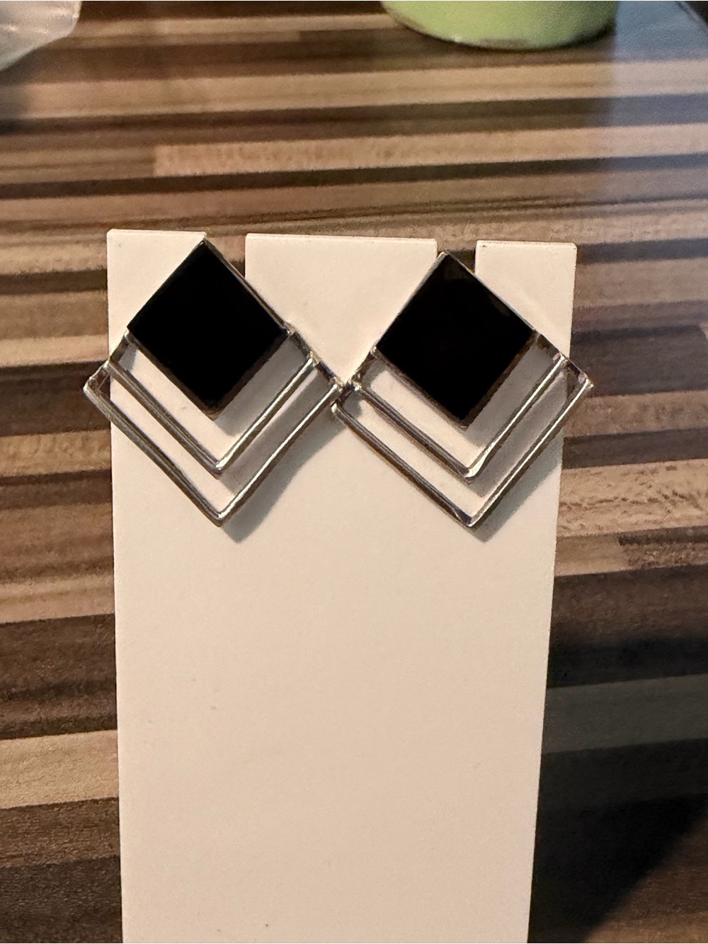 Vintage 925 Sterling Silver Black Onyx Stone Diamond Shaped Earrings #349